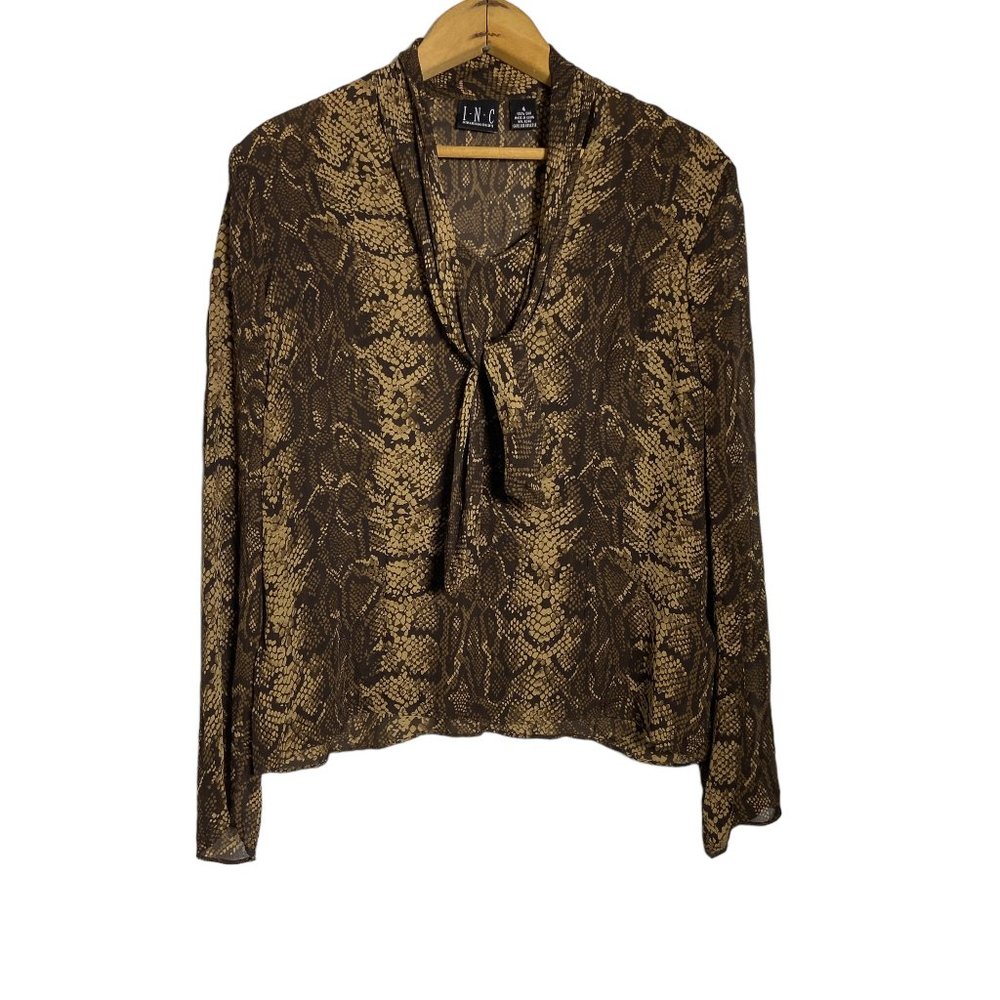 Vintage INC 100% Silk Sheer Snake Skin Long Sleeve Neck Tie Blouse Size 4